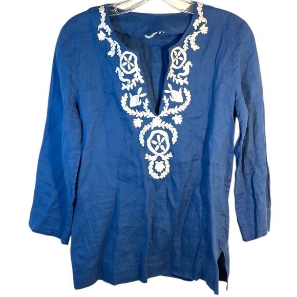 Lilly Pulitzer Ladies Amelia Island Tunic Blue White XS Casual 97700 Linen - Picture 3 of 12